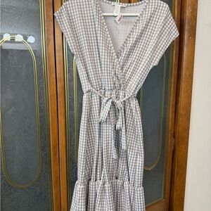 Caution To The Wind Taupe and White Gingham Faux Wrap Midi Dress, BRAND NEW